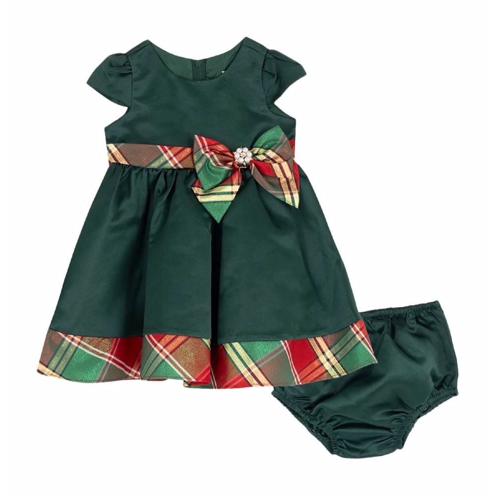 NEW Rare Editions Christmas Plaid Satin Dress & Bloomers Set 18M